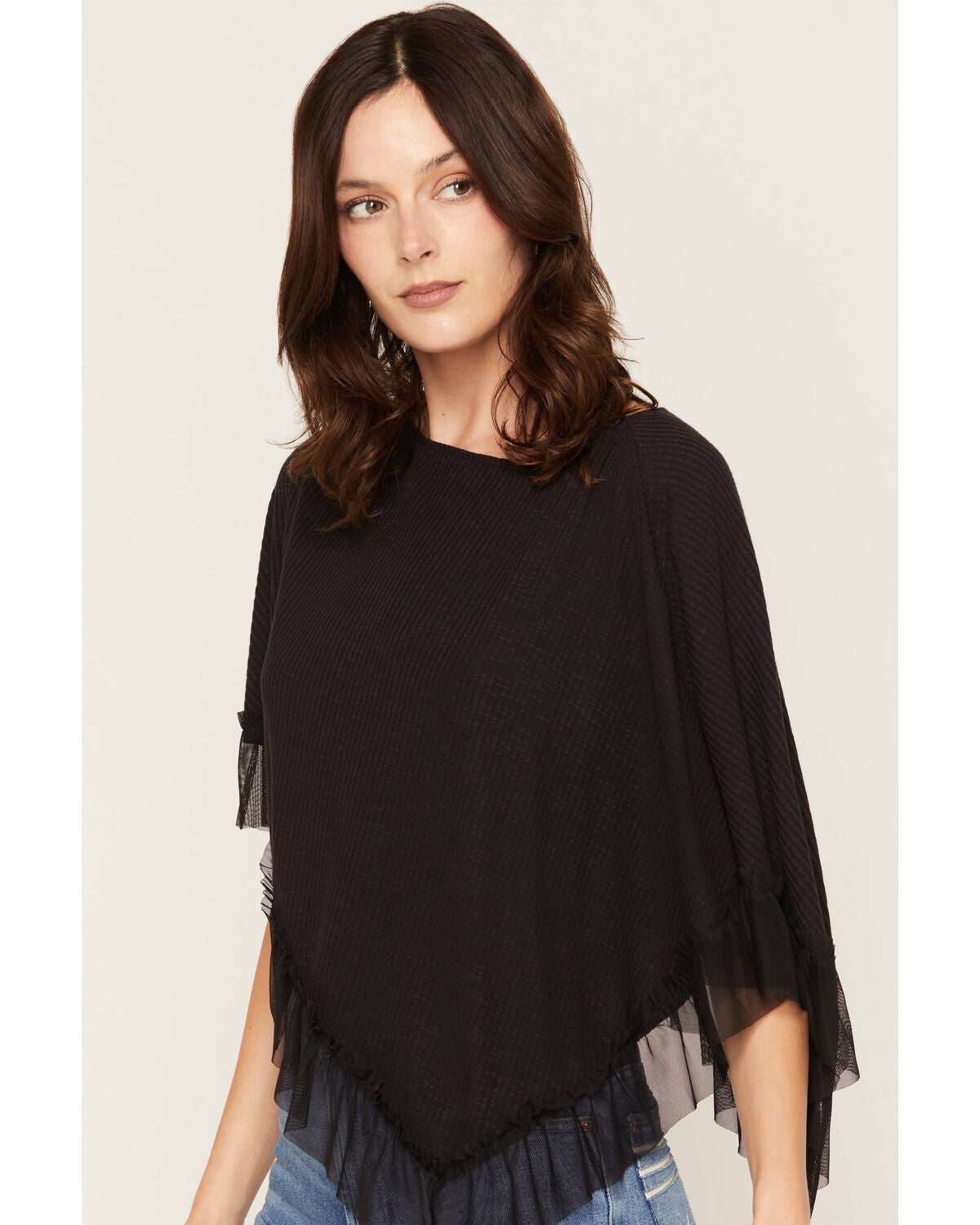 Image #2 - Wild Moss Women's Ruffle Trim Poncho, Black, hi-res
