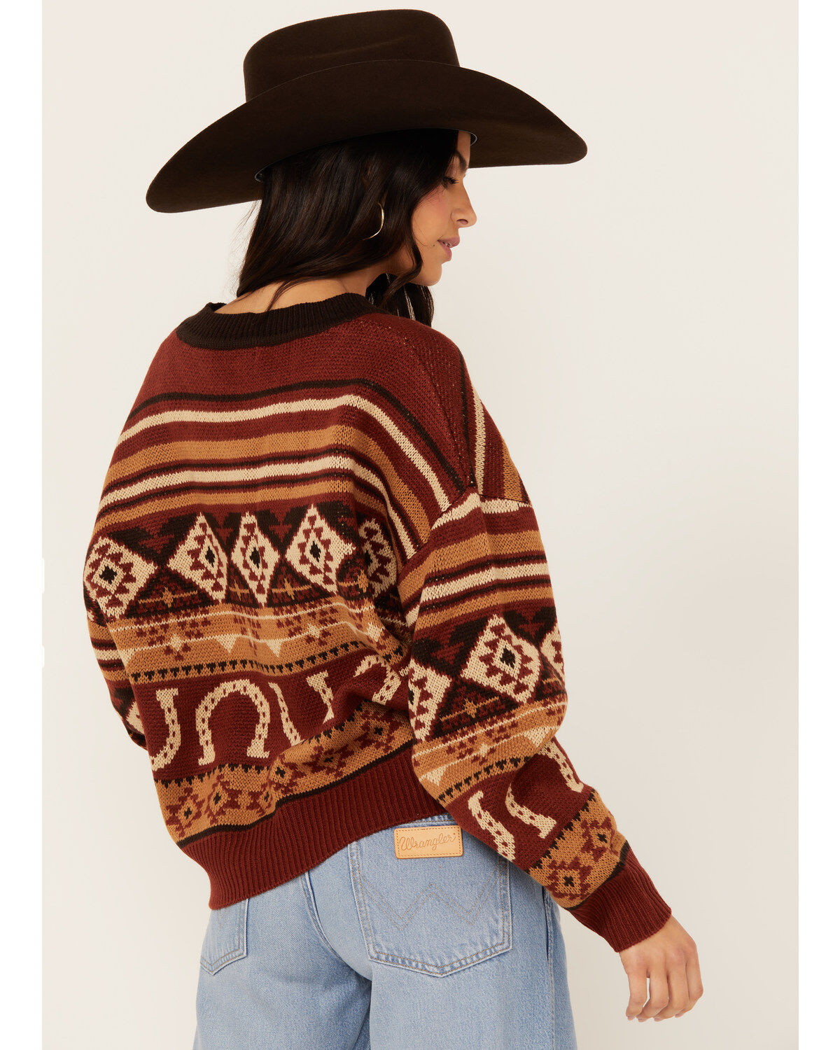 Image #4 - Wrangler Retro Women's Horseshoe Southwestern Print Sweater, Brown, hi-res