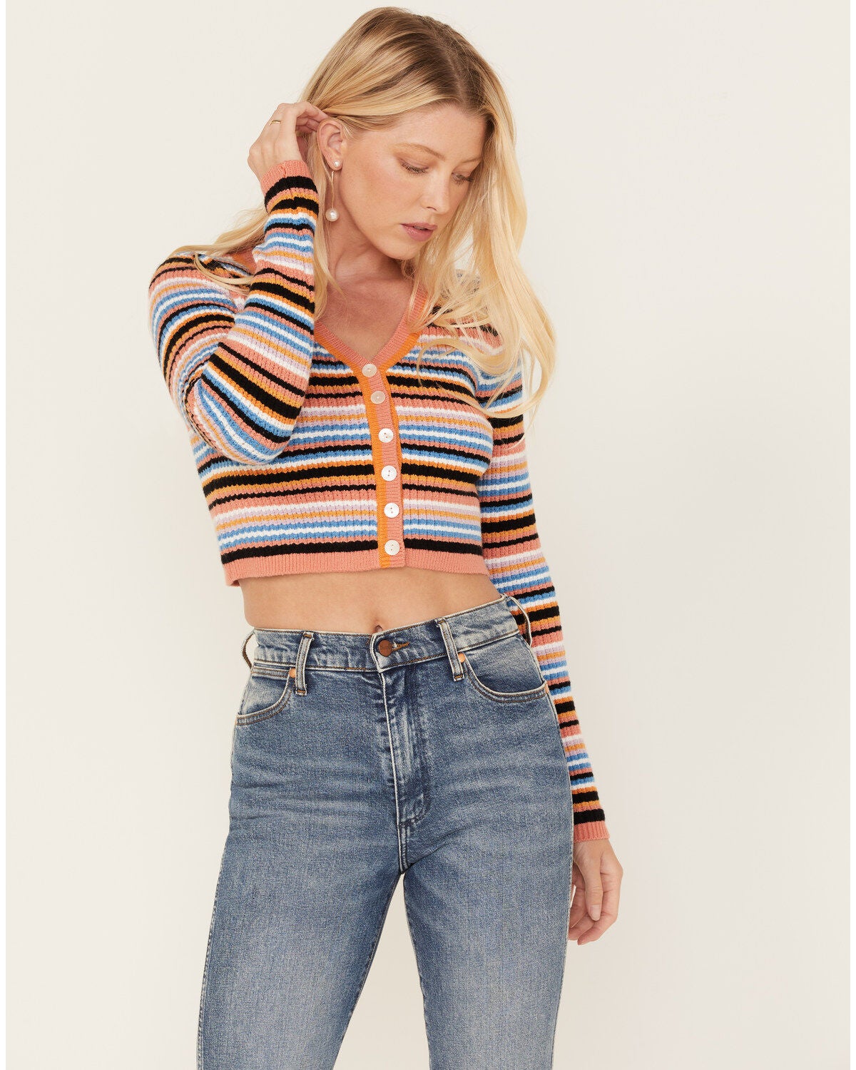 Beyond The Radar Women's Stripe Knit Cropped Cardigan Sweater, Lavender, hi-res