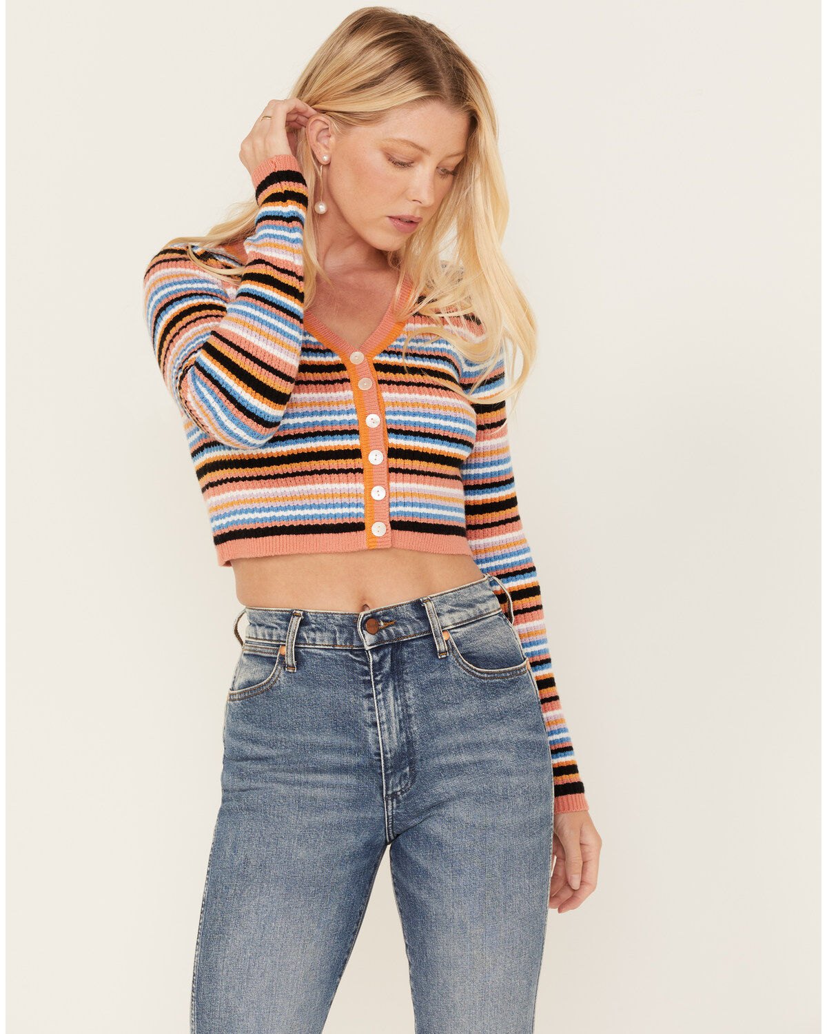 Image #1 - Beyond The Radar Women's Stripe Knit Cropped Cardigan Sweater, Lavender, hi-res