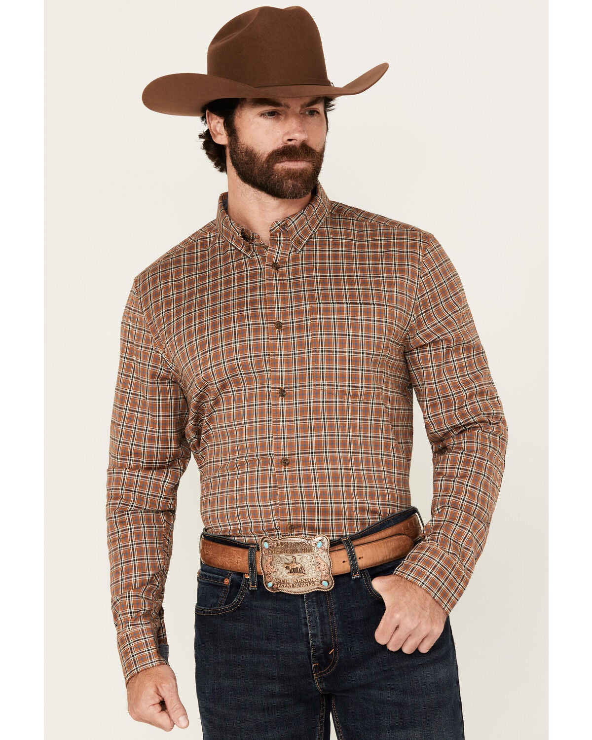 Cody James Men's Adkins Plaid Print Long Sleeve Button-Down Stretch Western Shirt, Tan, hi-res
