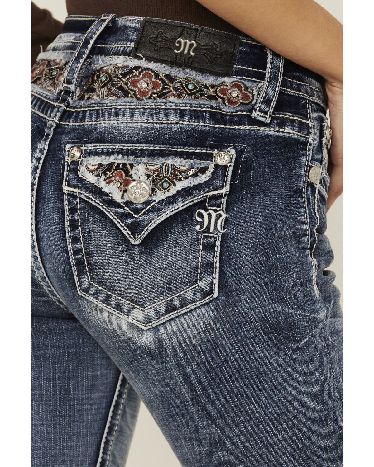 Product Name:  Miss Me Women's Medium Wash Mid Rise Floral Yoke Bootcut Stretch Denim Jeans