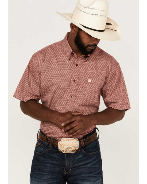 Image #1 - Cinch Men's Star Burgundy Geo Print Short Sleeve Button Down Western Shirt , , hi-res