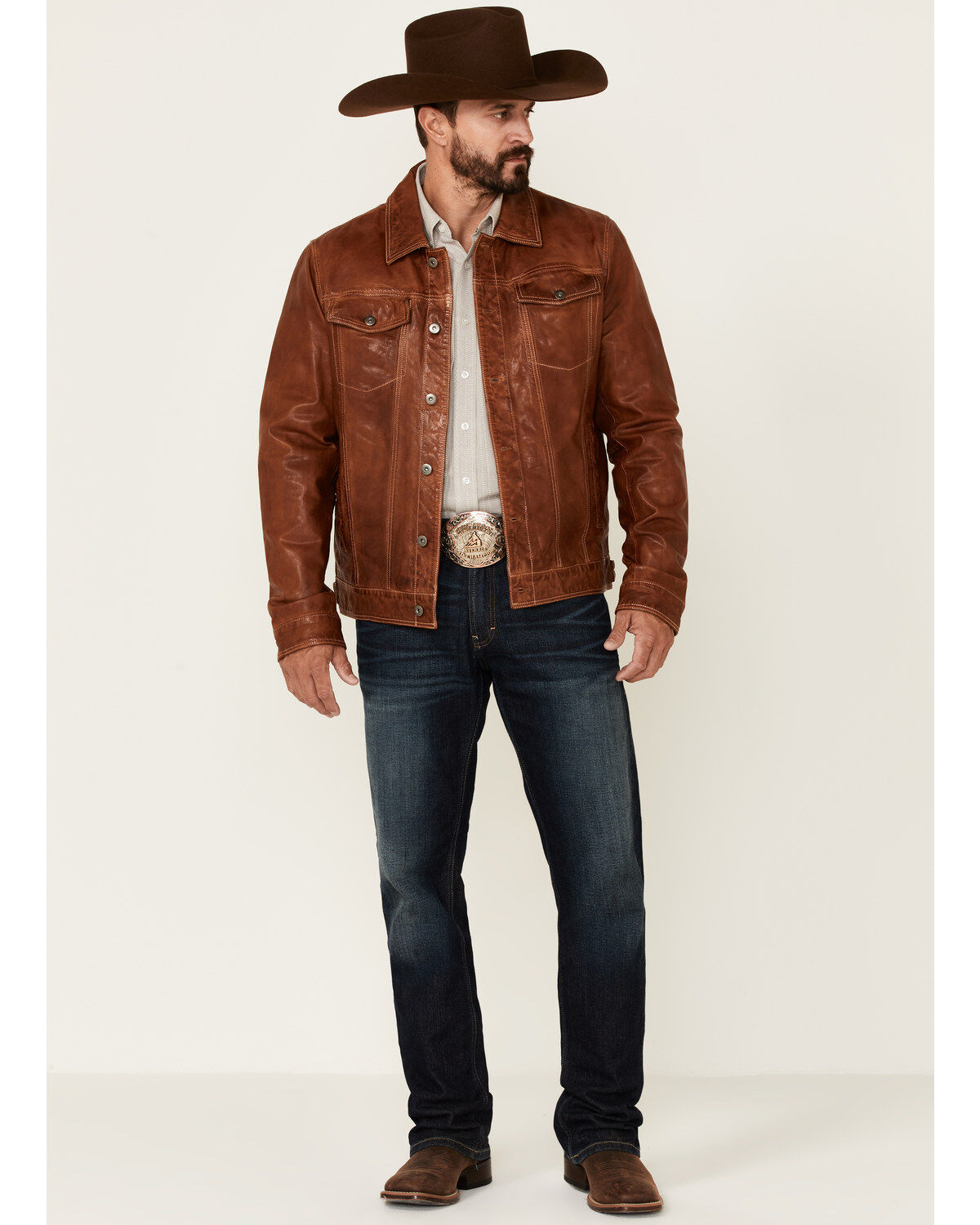 Image #2 - Scully Men's Tan Leather Button-Front Trucker Jacket, Tan, hi-res