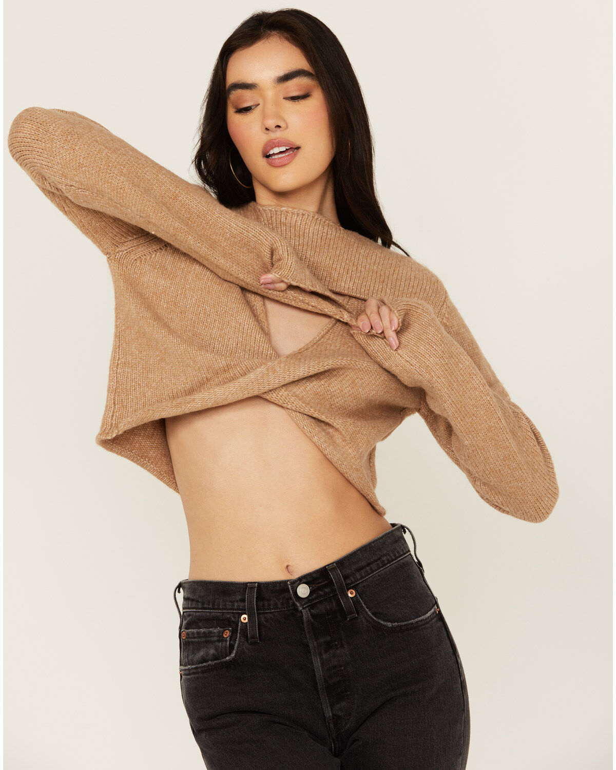 Image #2 - Cleo + Wolf Women's Reversible Cut Out Cropped Sweater, Bark, hi-res