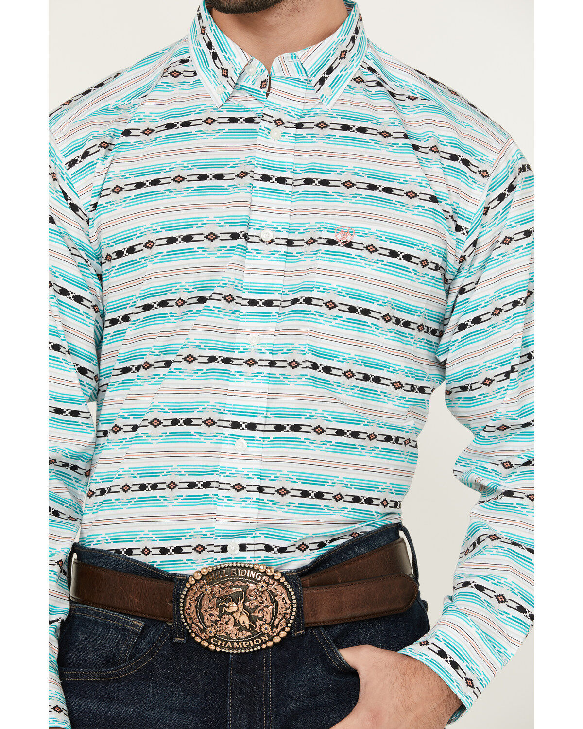 Image #3 - Ariat Men's Jefferson Southwestern Striped Long Sleeve Button-Down Western Shirt, Turquoise, hi-res