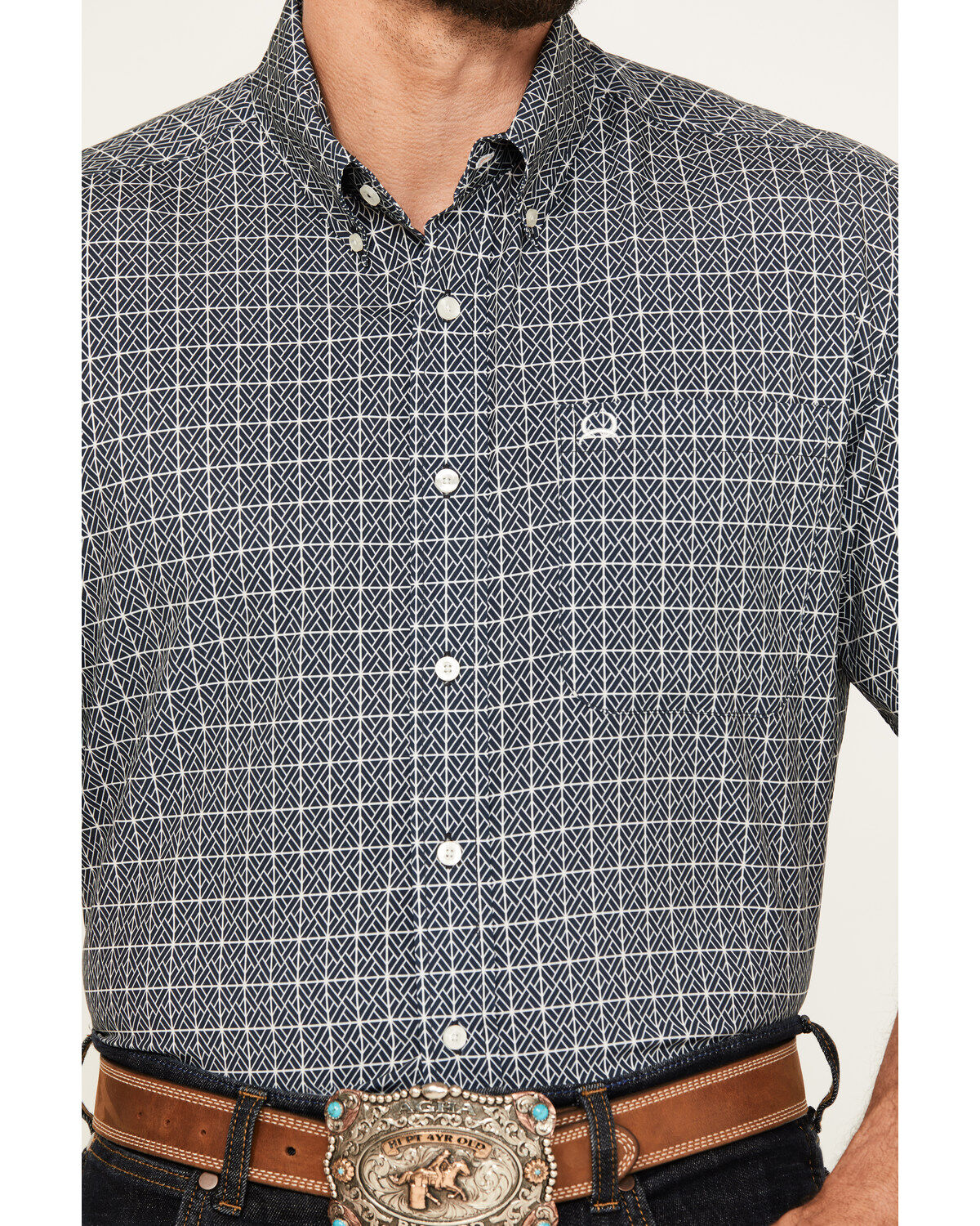 Image #3 - Cinch Men's ARENAFLEX Geo Print Short Sleeve Button Down Western Shirt, Navy, hi-res