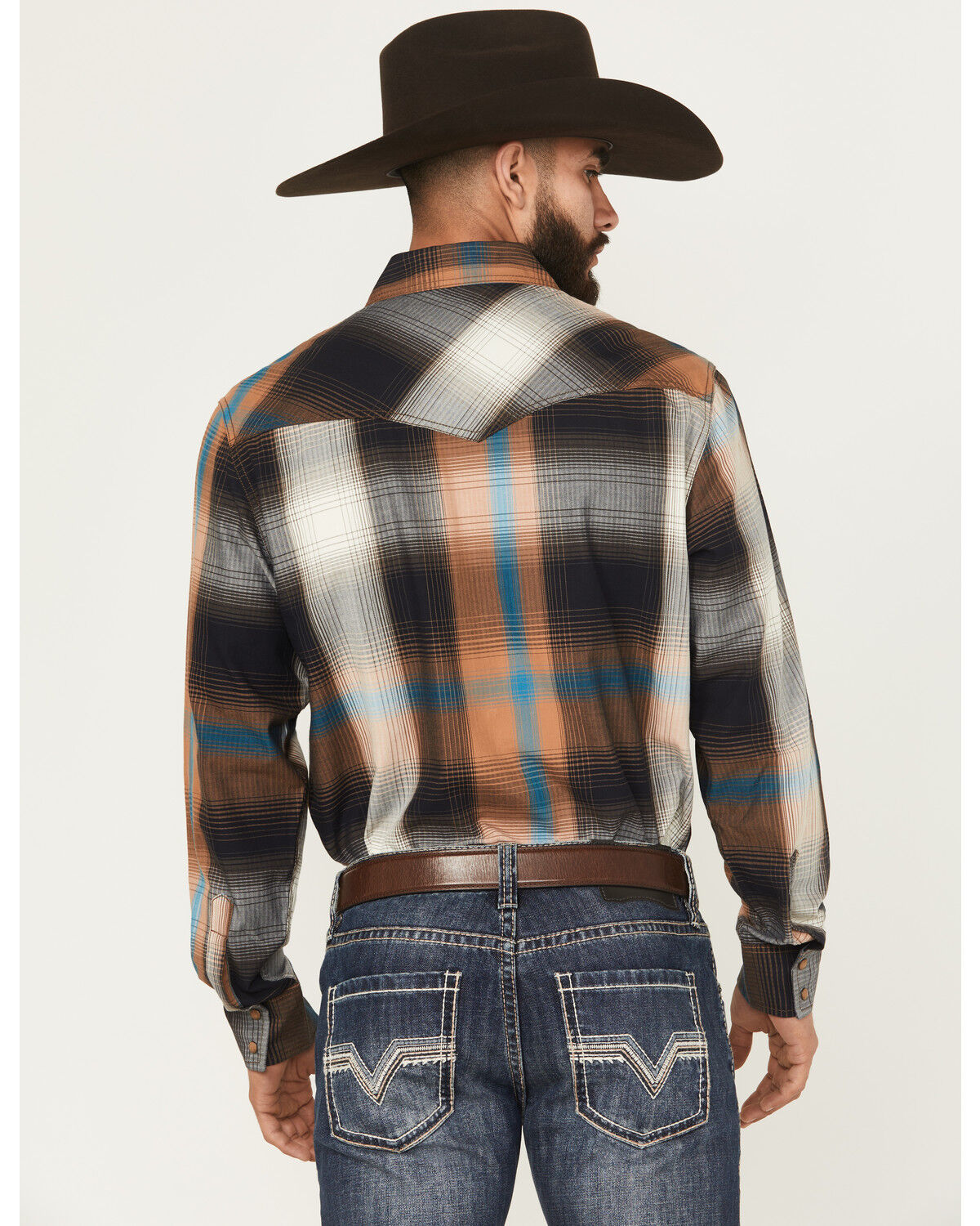 Image #4 - Wrangler Retro Men's Plaid Print Long Sleeve Snap Western Shirt, Brown, hi-res