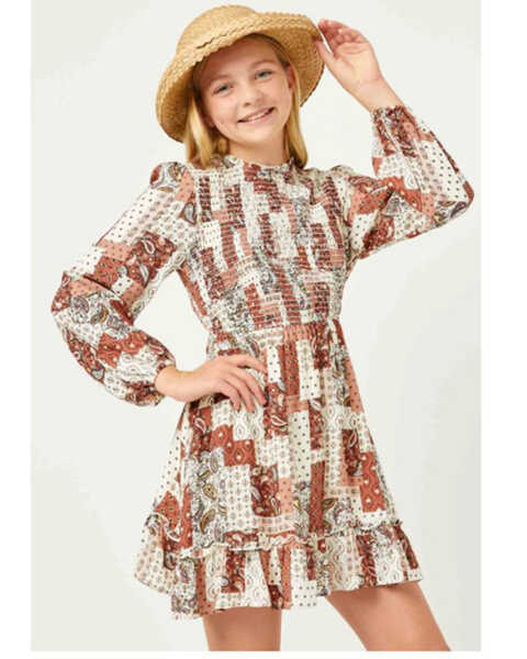 Hayden Girls' Patchwork Print Smocked Dress, Rust Copper, hi-res