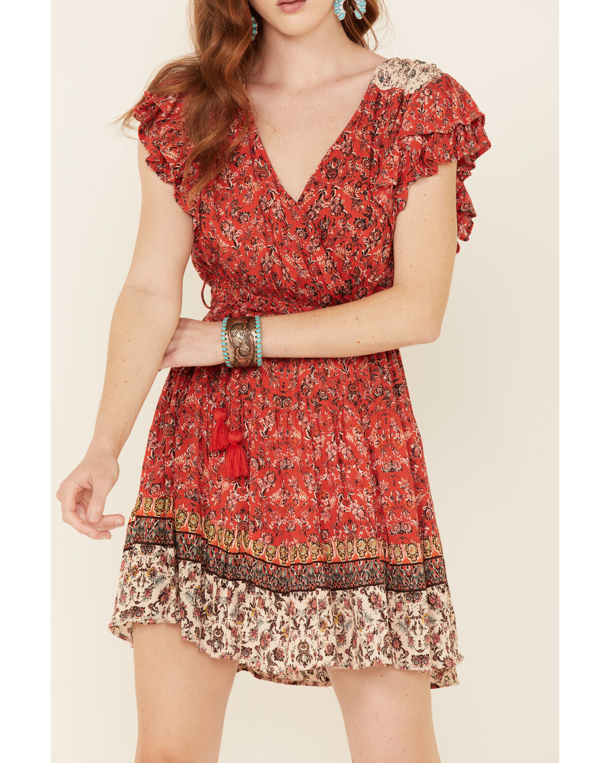 Image #3 - Angie Women's Ruffle Sleeve Tiered Mini Dress, Red, hi-res