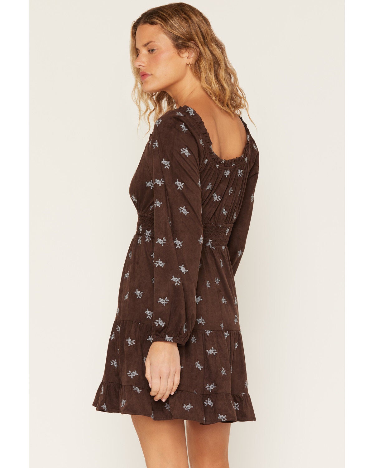 Image #4 - June & Hudson Women's Floral Embroidered Faux Suede Long Sleeve Mini Dress, Chocolate, hi-res