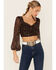 Lush Women's Lace Trim Rose Long Sleeve Crop Blouse, Black, hi-res