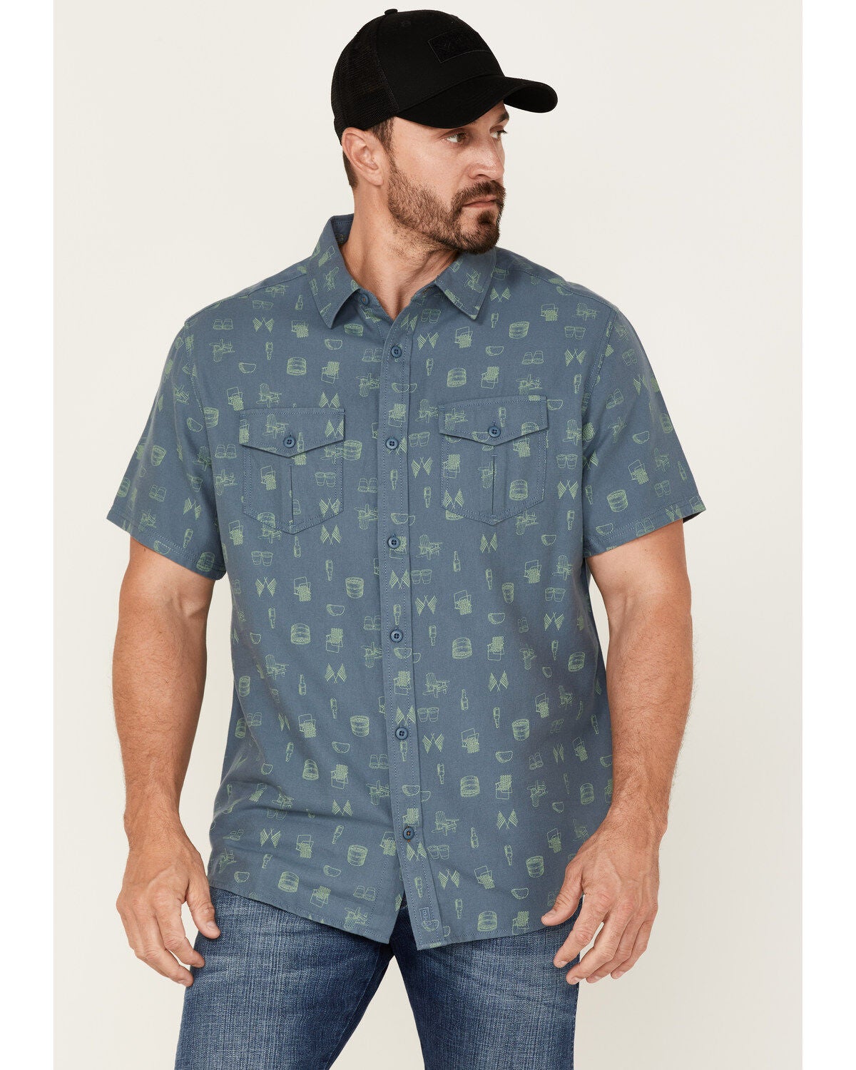 Brothers and Sons Men's Conversational Print Short Sleeve Button-Down Western Shirt, Indigo, hi-res
