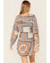Image #3 - Lovestitch Women's Natural Periwinkle Patchwork Print Bell Sleeve Mini Dress, Periwinkle, hi-res