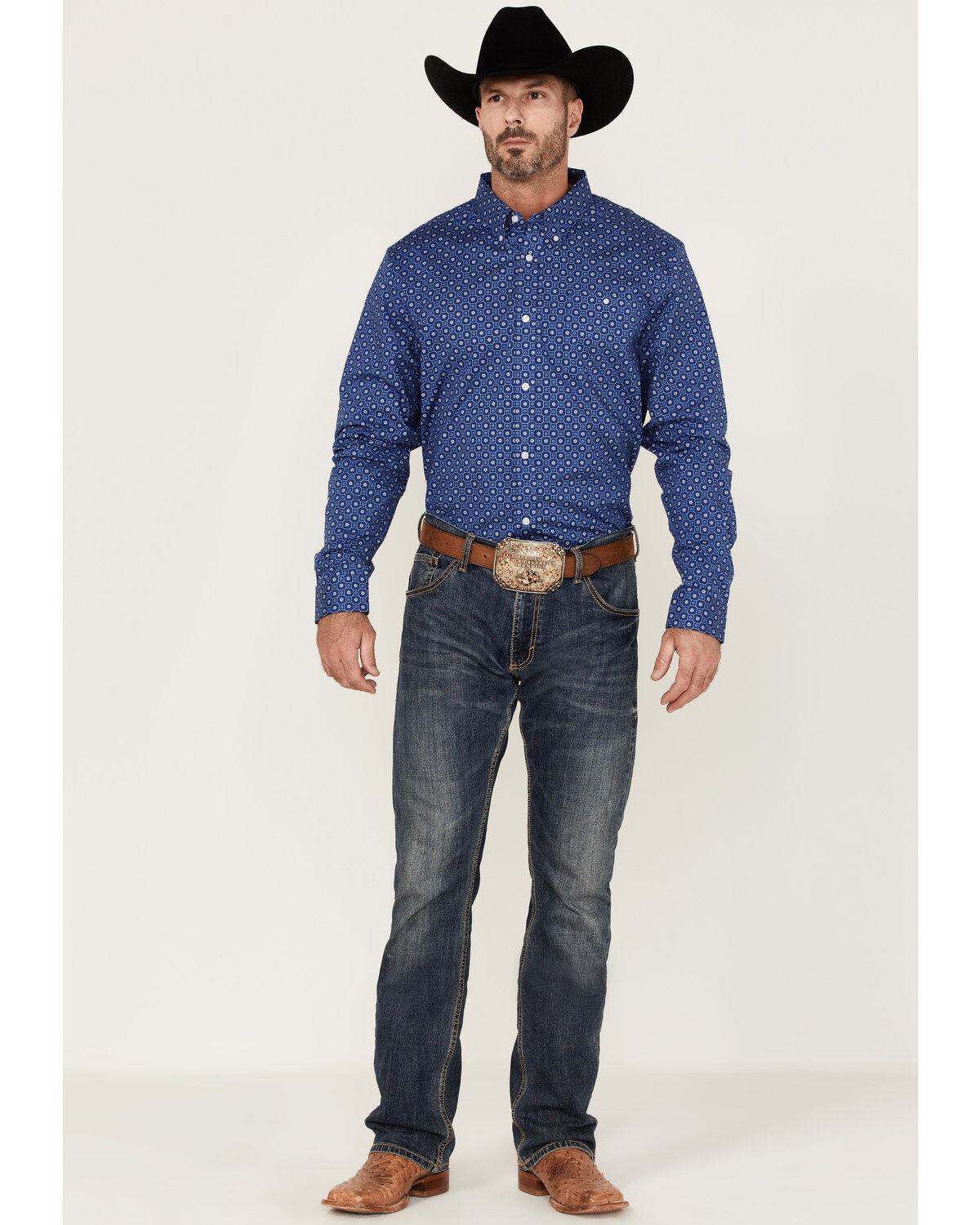 Image #2 - RANK 45® Men's High Roller Geo Print Long Sleeve Button-Down Western Shirt, Blue, hi-res