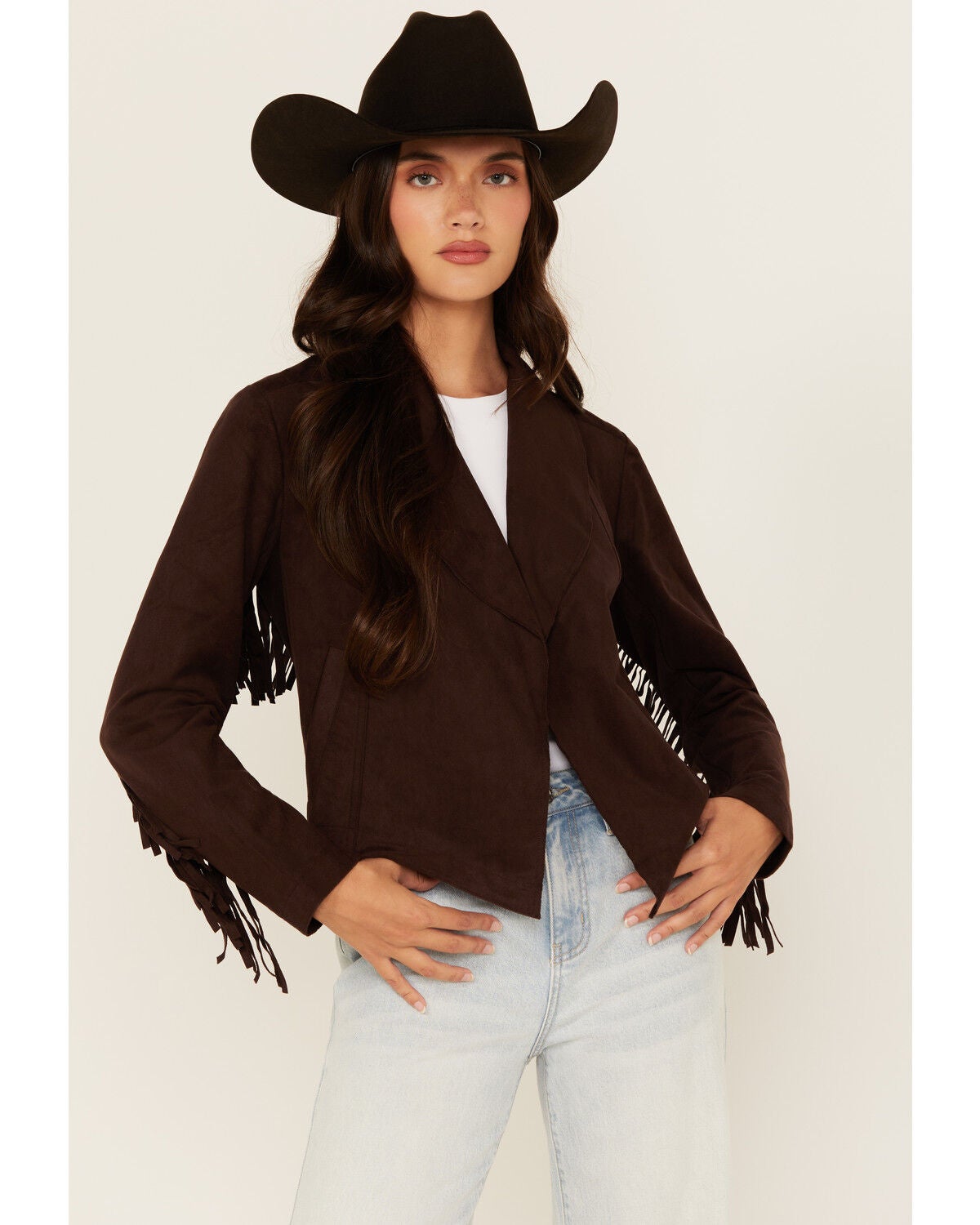 Shyanne Women's Faux Suede Fringe Jacket, Chocolate, hi-res