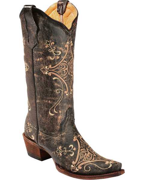 Circle G Women's Crackle Embroidered Western Boots - Snip Toe, Black, hi-res