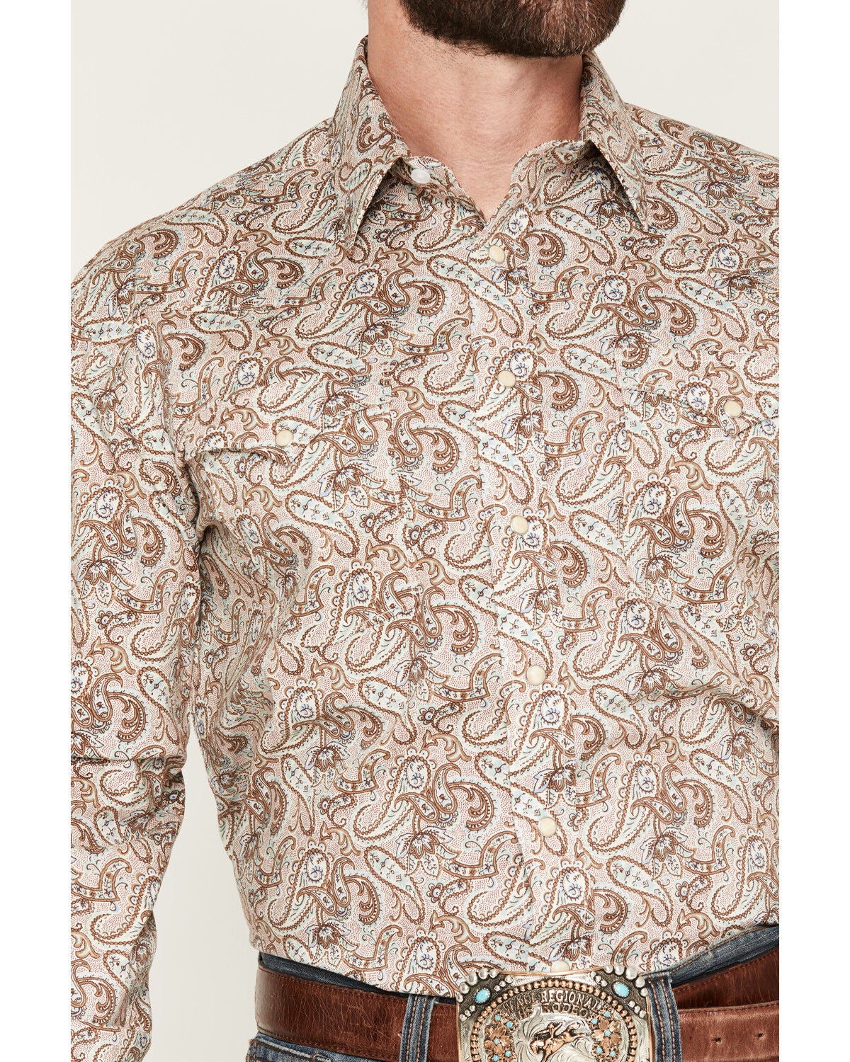Image #3 - Panhandle Slim Men's Paisley Print Long Sleeve Snap Stretch Western Shirt, Tan, hi-res