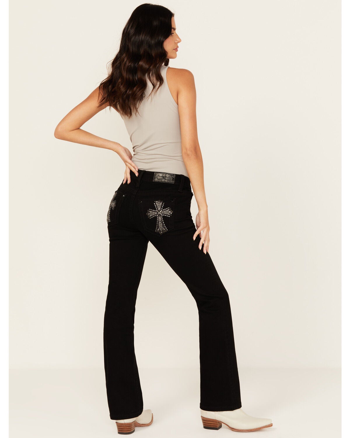 Miss Me Women's Mid Rise Cross Pocket 32" Bootcut Stretch Denim Jeans, Black, hi-res