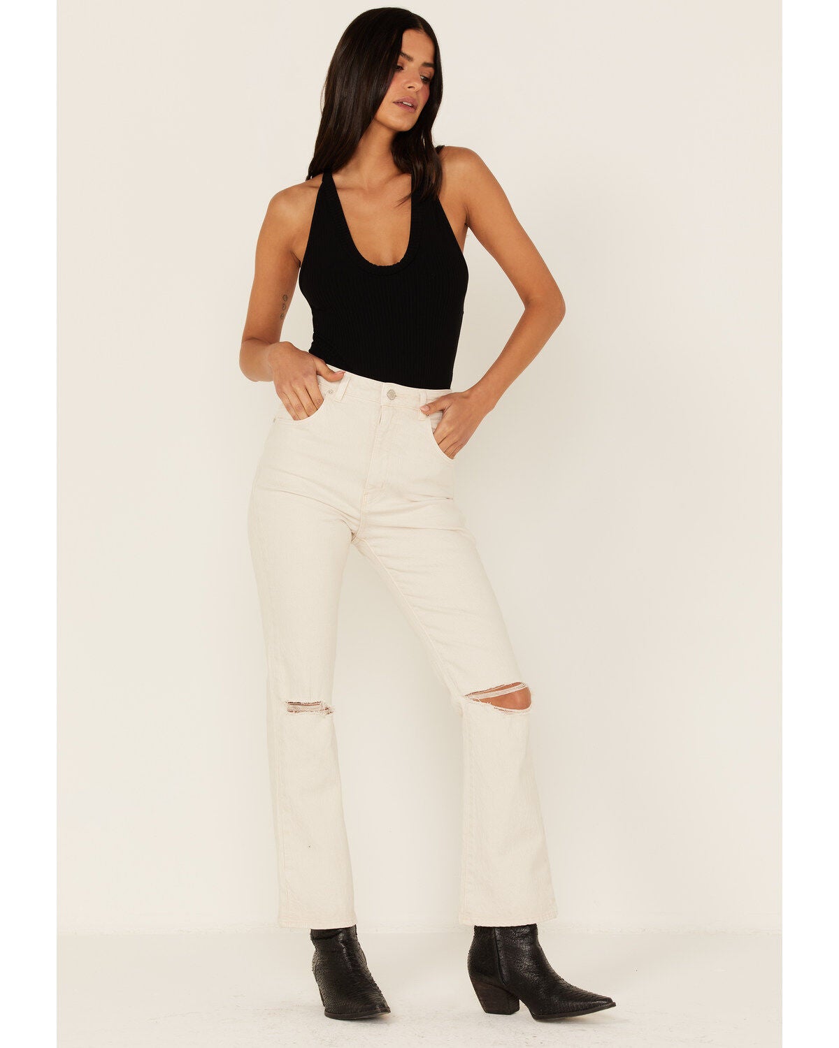 Rolla's Women's High Rise Distressed Cropped Dusters Bootcut Jeans, Off White, hi-res