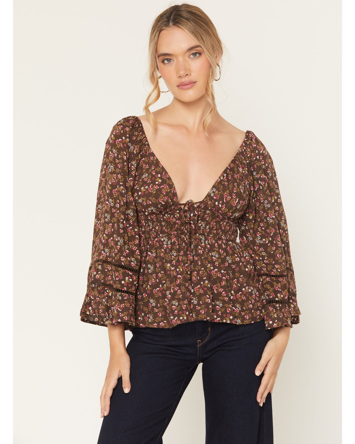 Angie Women's Floral Print Long Sleeve Shirt, Dark Brown, hi-res