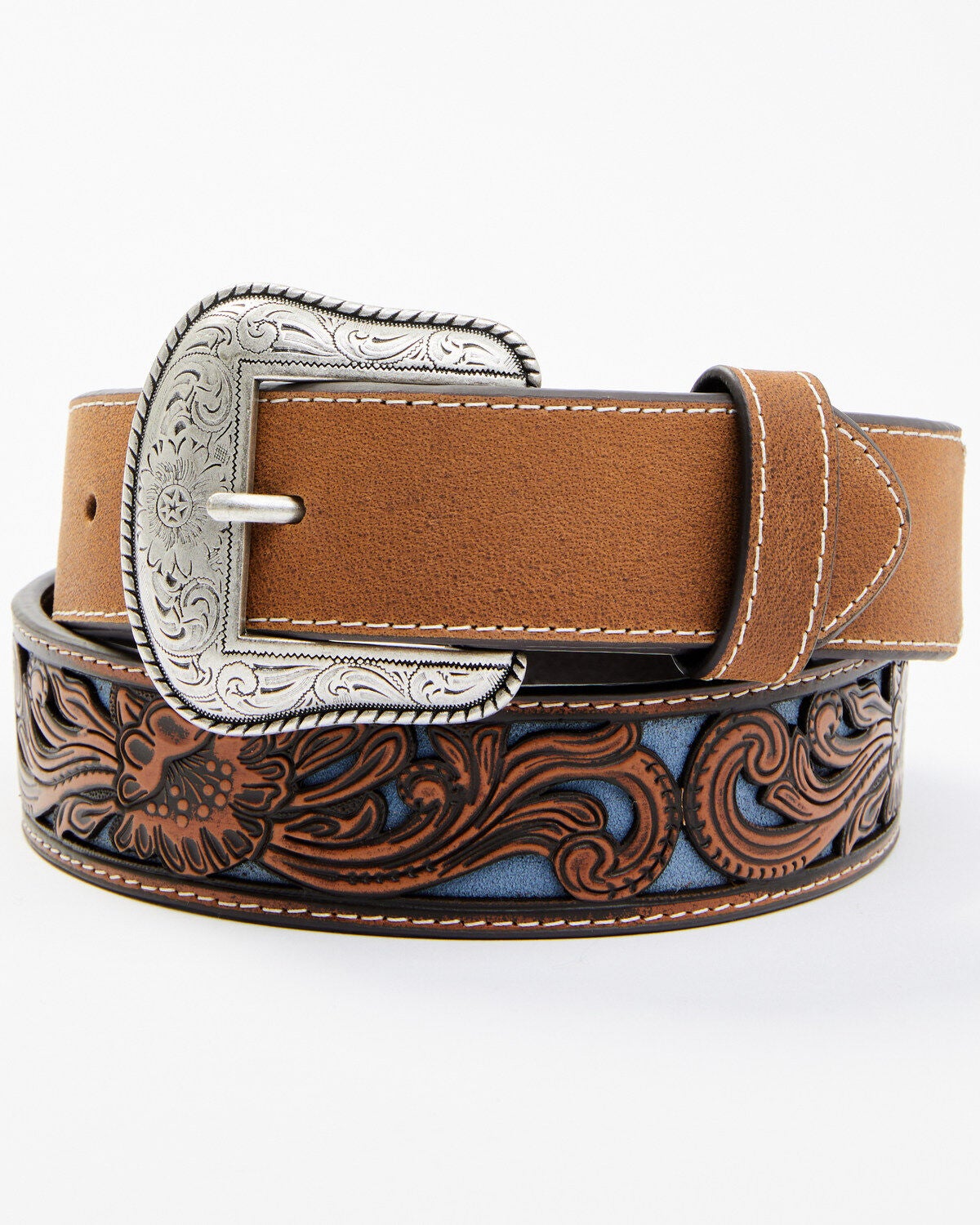 Cody James Men's Floral Tooled Contrast Belt, Brown, hi-res