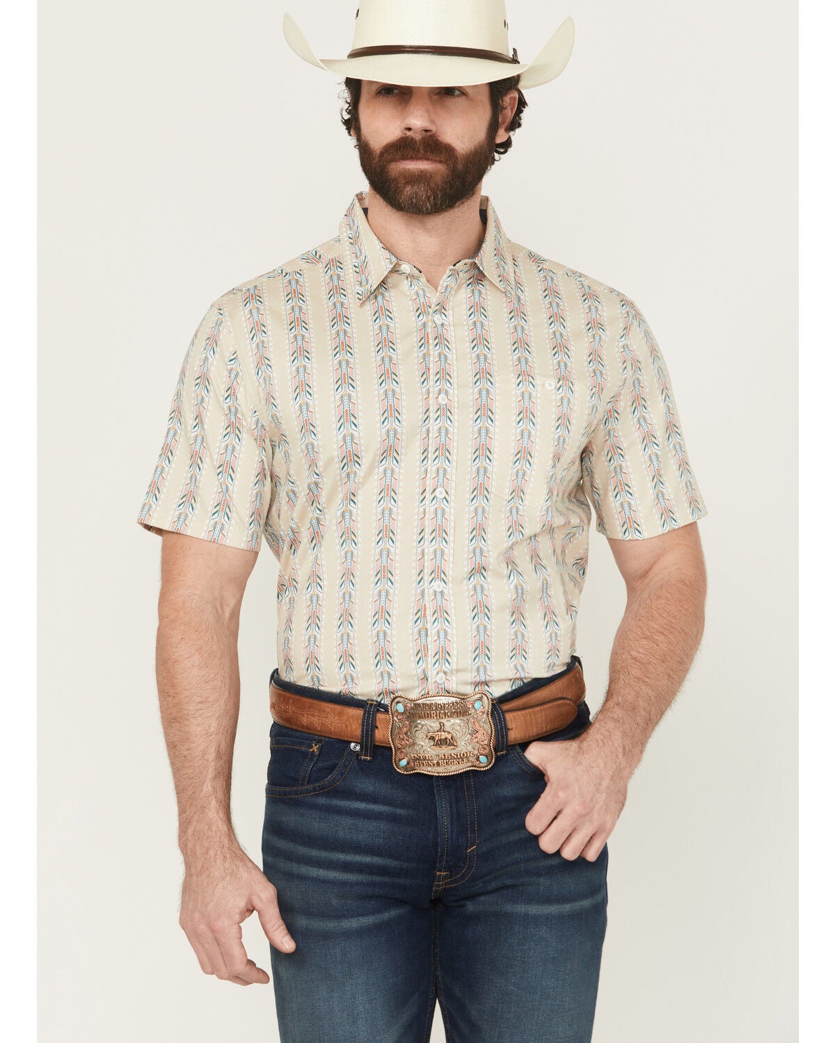 RANK 45&reg; Men's Lone Star Southwestern Short Sleeve Button-Down Stretch Western Shirt, Tan, hi-res