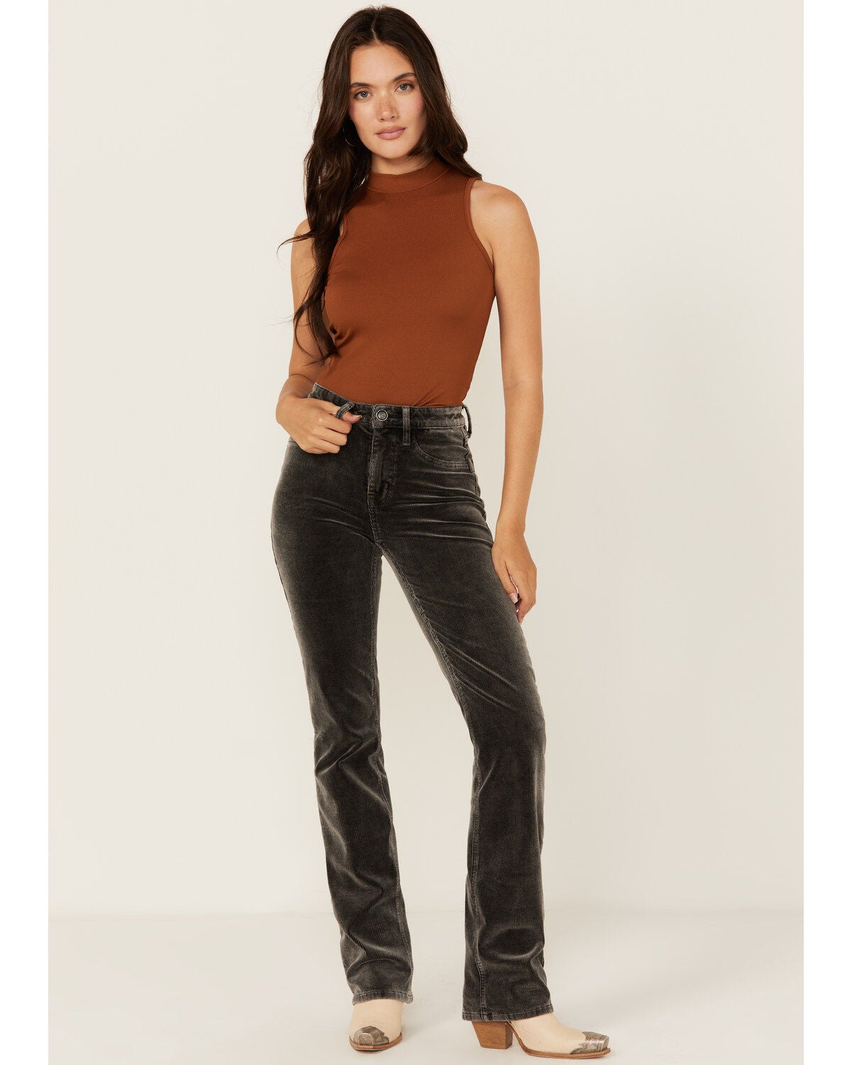 Rock & Roll Denim Women's High Rise Corduroy Bargain Modest Bootcut Stretch Jeans, Charcoal, hi-res