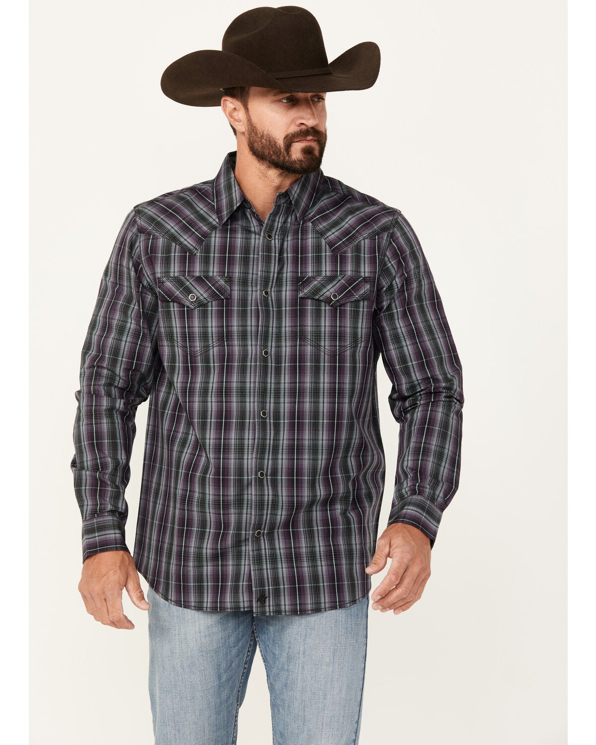 Moonshine Spirit&reg; Men's Throw Down Plaid Print Long Sleeve Snap Western Shirt, Purple, hi-res