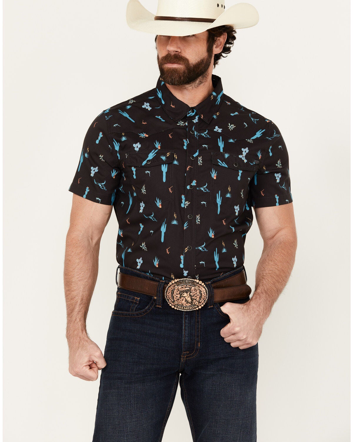 Image #3 - Rock & Roll Denim Men's Tek Cactus Print Short Sleeve Snap Western Shirt, , hi-res