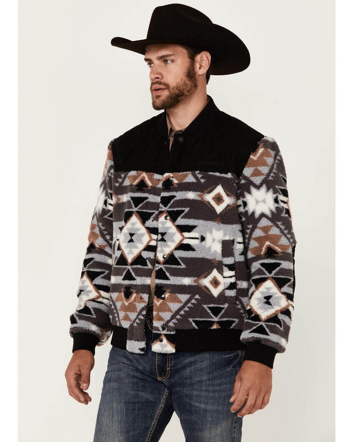 Hooey Men's Southwestern Print Sherpa Bomber Jacket, Black, hi-res