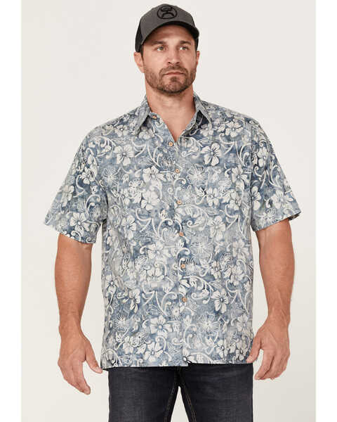 Scully Men's Floral Teal Print Short Sleeve Button-Down Western Shirt , Teal, hi-res