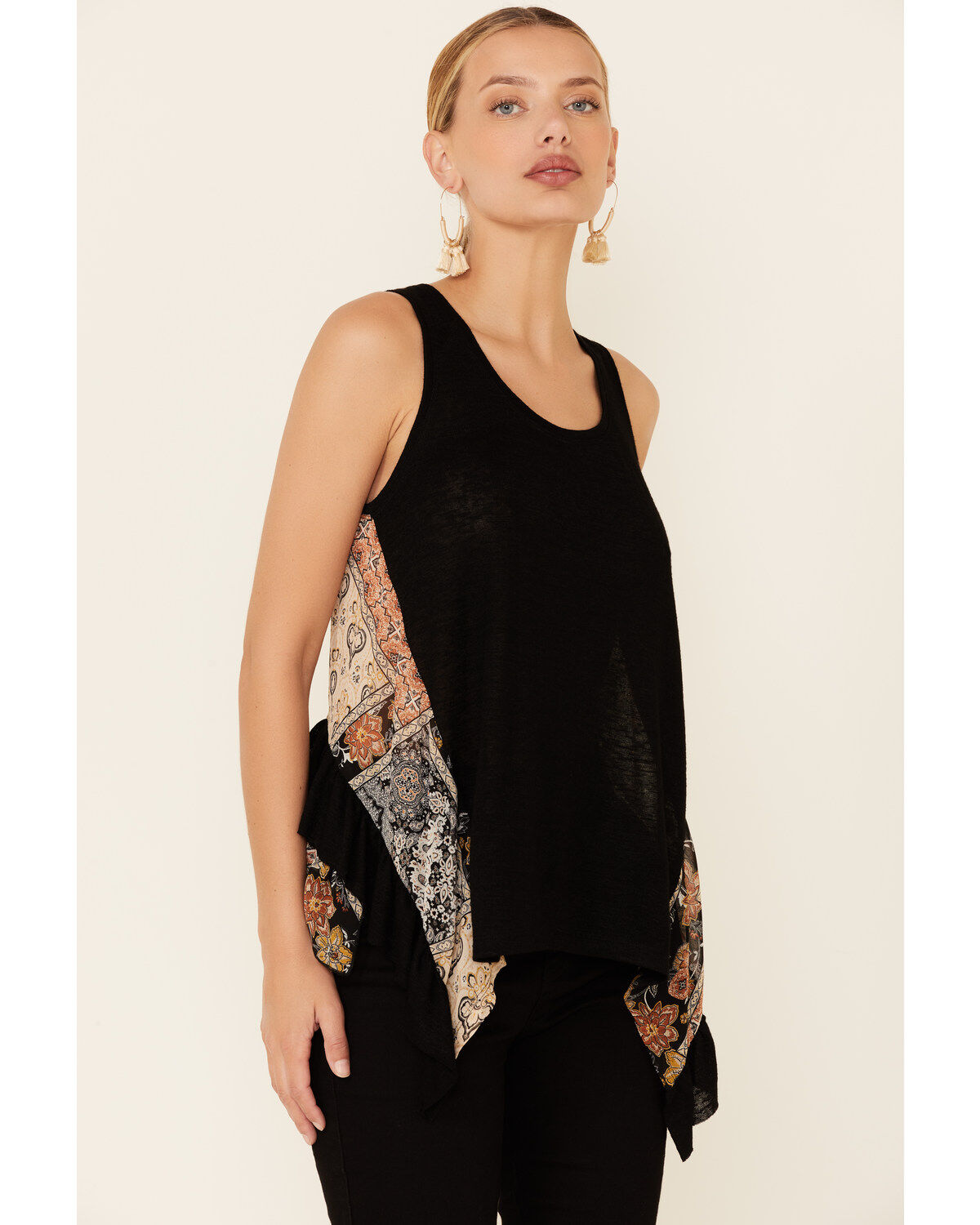 Image #2 - Mystree Women's Contrast Floral Boho Back Tank Top, Black, hi-res