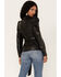 Flying Tomato Women's Faux Leather Puff Sleeve Shirt, Black, hi-res