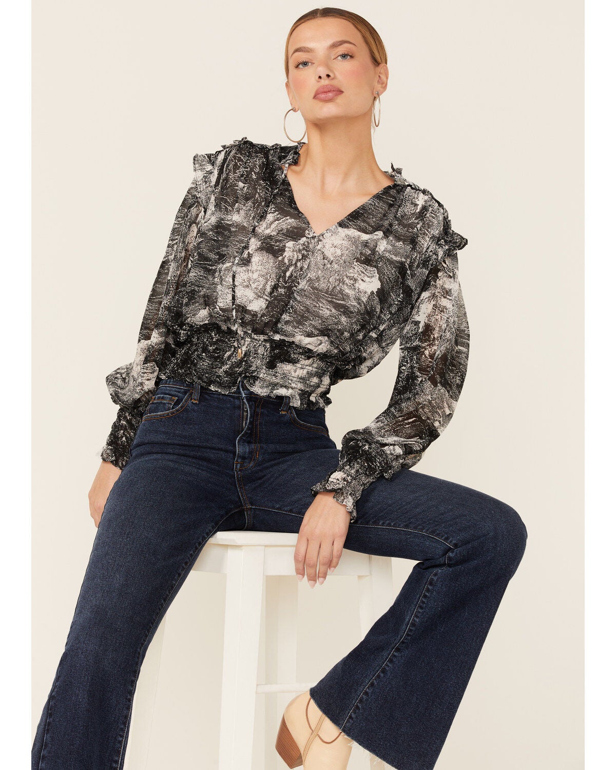 Revel Women's Toile Print Smocked Long Sleeve Top, Black, hi-res