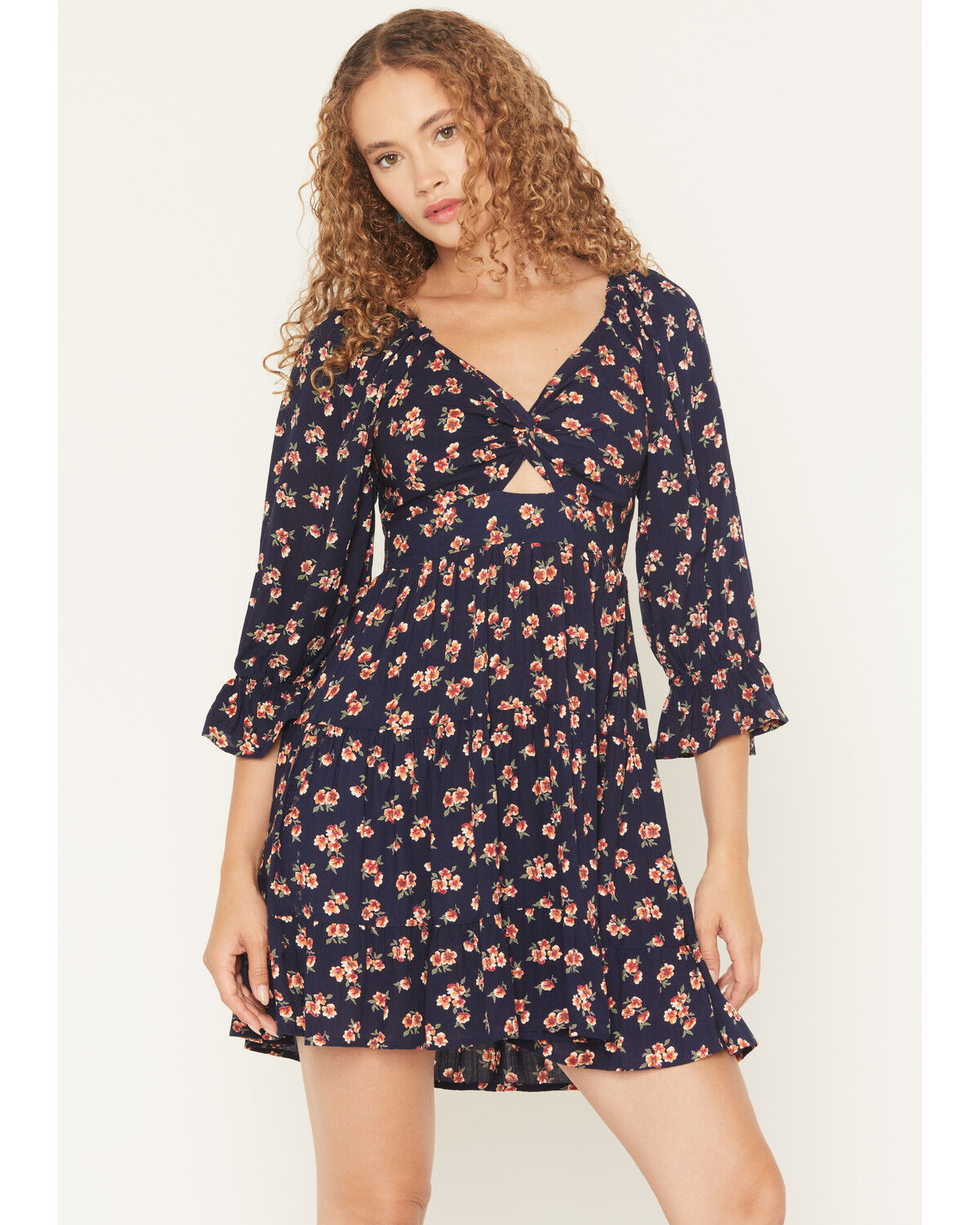 Angie Women's Floral Print Knot Front Mini Dress