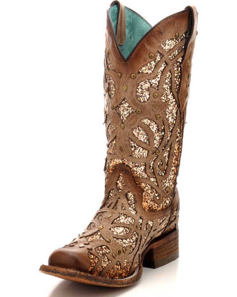 Image #2 - Corral Women's Orix Glitter Inlay & Studded Western Boots - Square Toe, Brown, hi-res