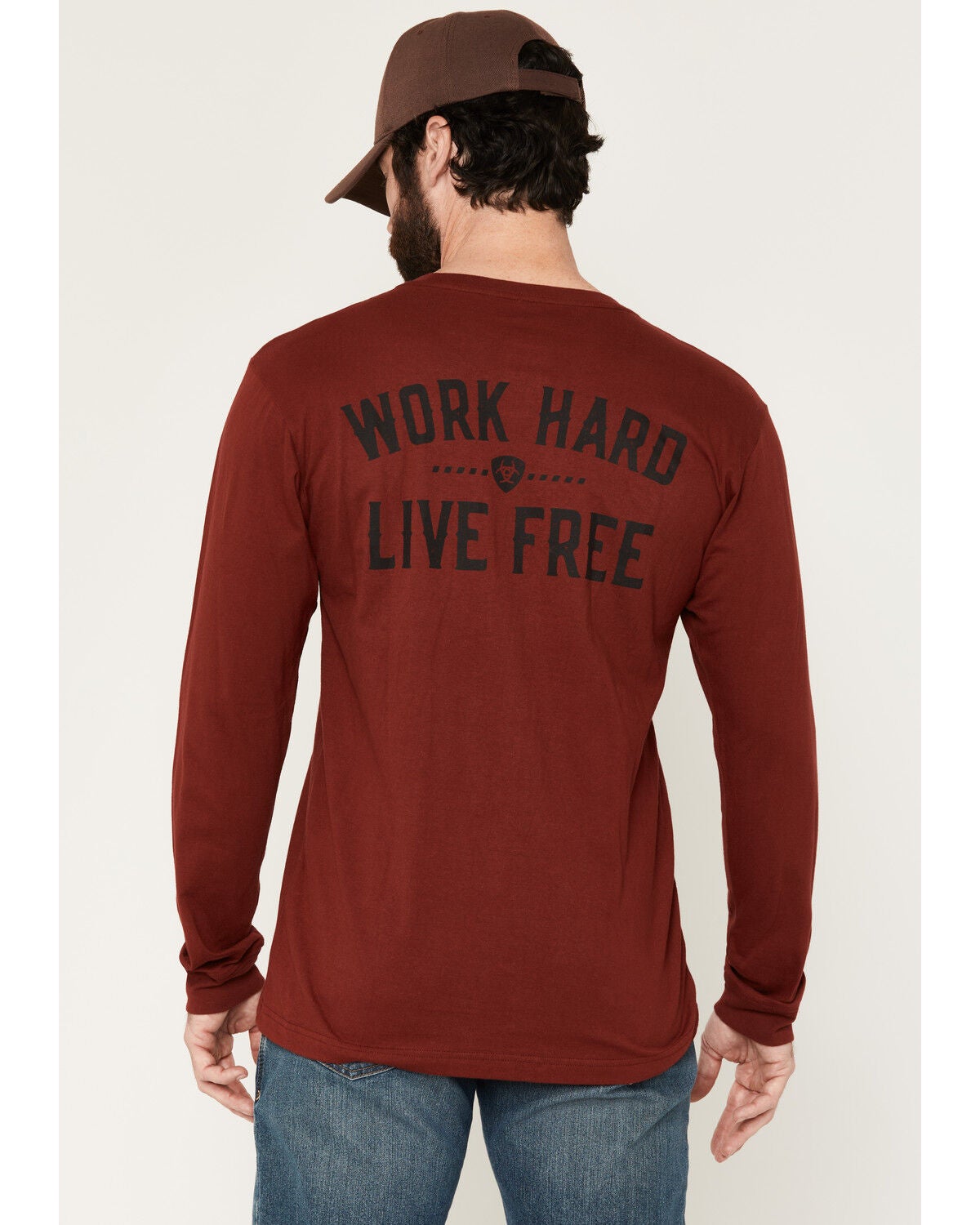 Image #1 - Ariat Men's Rebar Cotton Strong Work Hard Live Free Long Sleeve Work T-Shirt, Red, hi-res