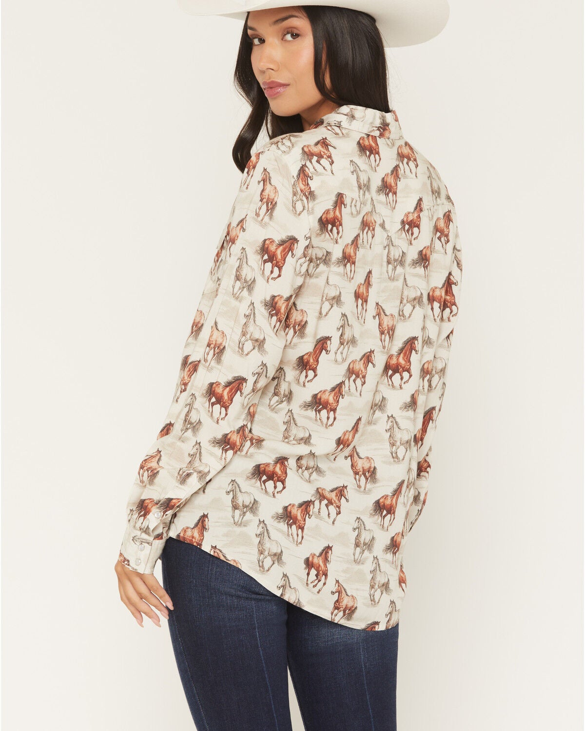 Image #4 - Panhandle Slim Women's Running Horse Long Sleeve Snap Western Shirt, Beige, hi-res