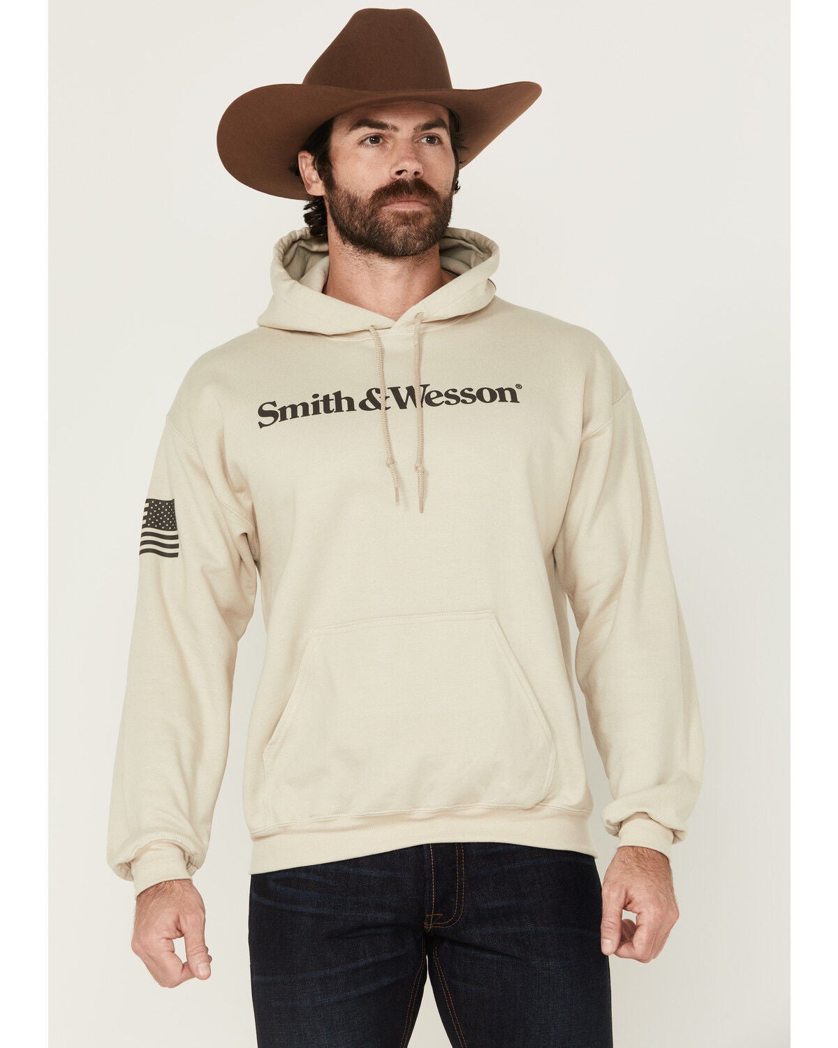 Image #1 - Smith & Wesson Men's Logo Flag Graphic Hooded Sweatshirt, Sand, hi-res