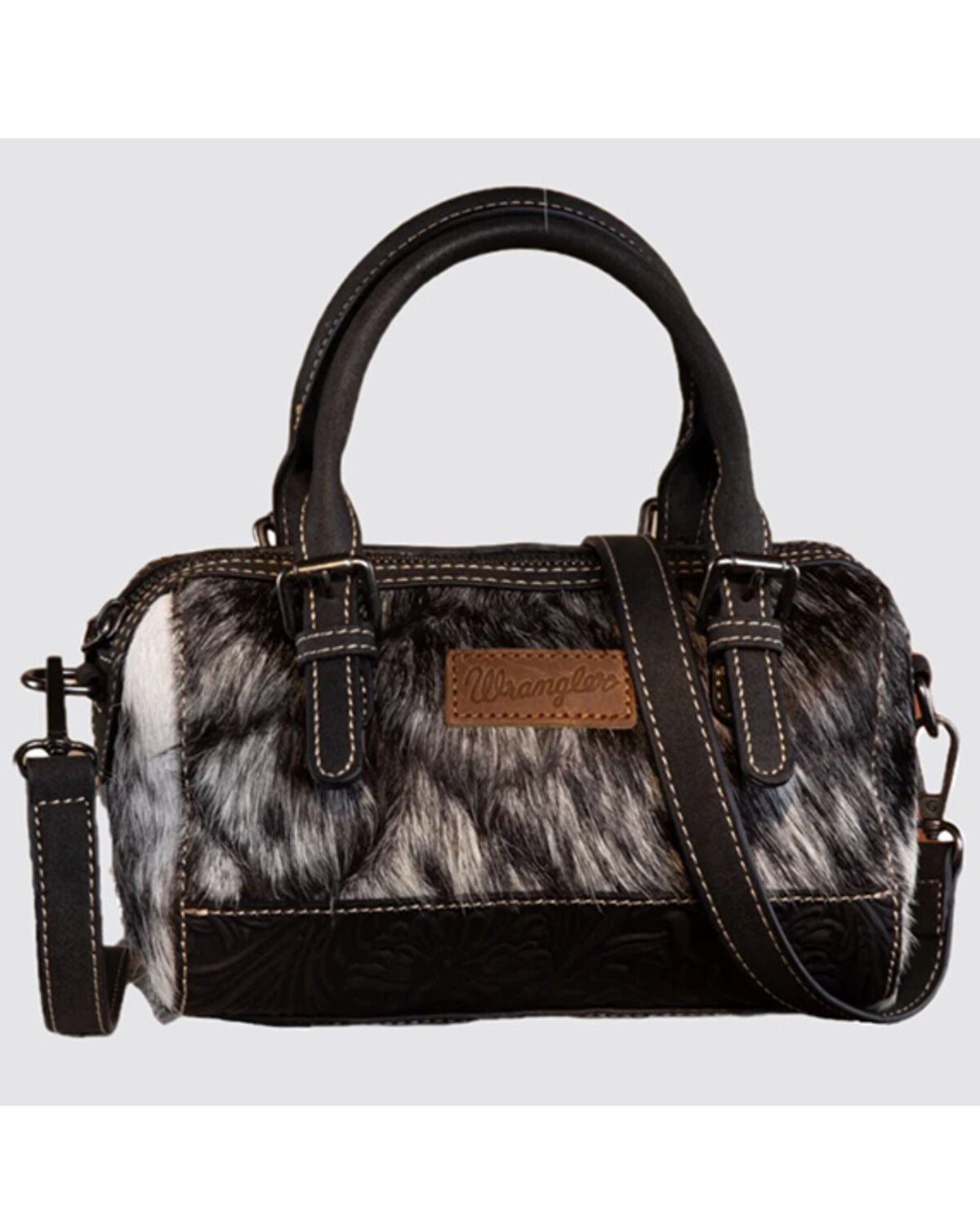 Wrangler Women's Genuine Cowhide Tooled Barrel Crossbody Bag, Black, hi-res