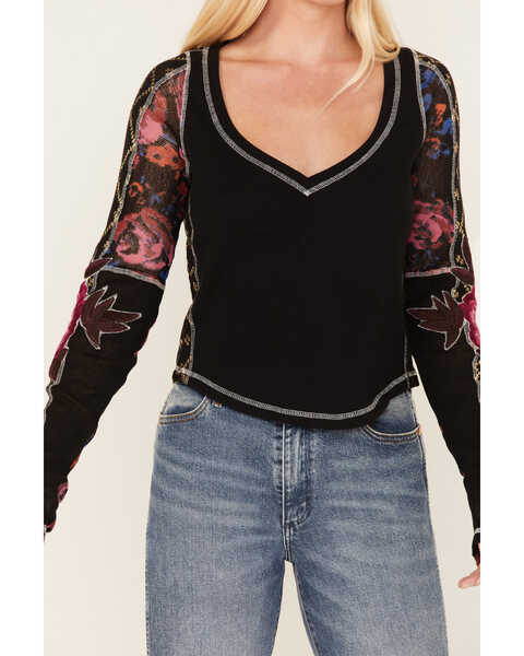 Image #3 - Free People Women's Amara Floral Print Long Sleeve Top, Black, hi-res