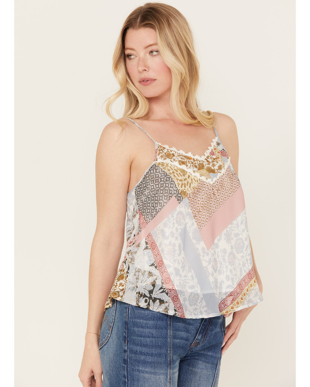 Image #2 - Wild Moss Women's Patchwork Print Crochet Trim Top, Ivory, hi-res