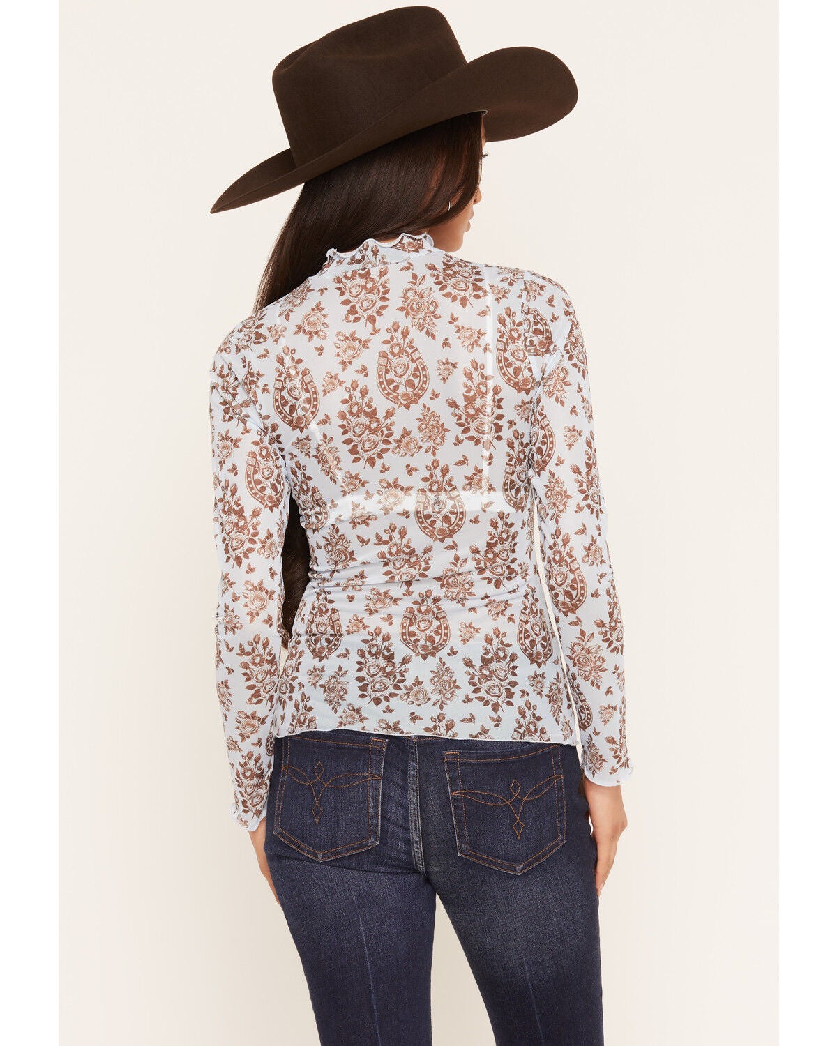 Image #4 - Wonderwest Women's Horseshoe Floral Print Long Sleeve Mesh Top, Blue, hi-res