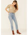 Image #2 - Very J Women's Open Weave Scallop Hem Short Sleeve Button-Down Crop Top, Olive, hi-res