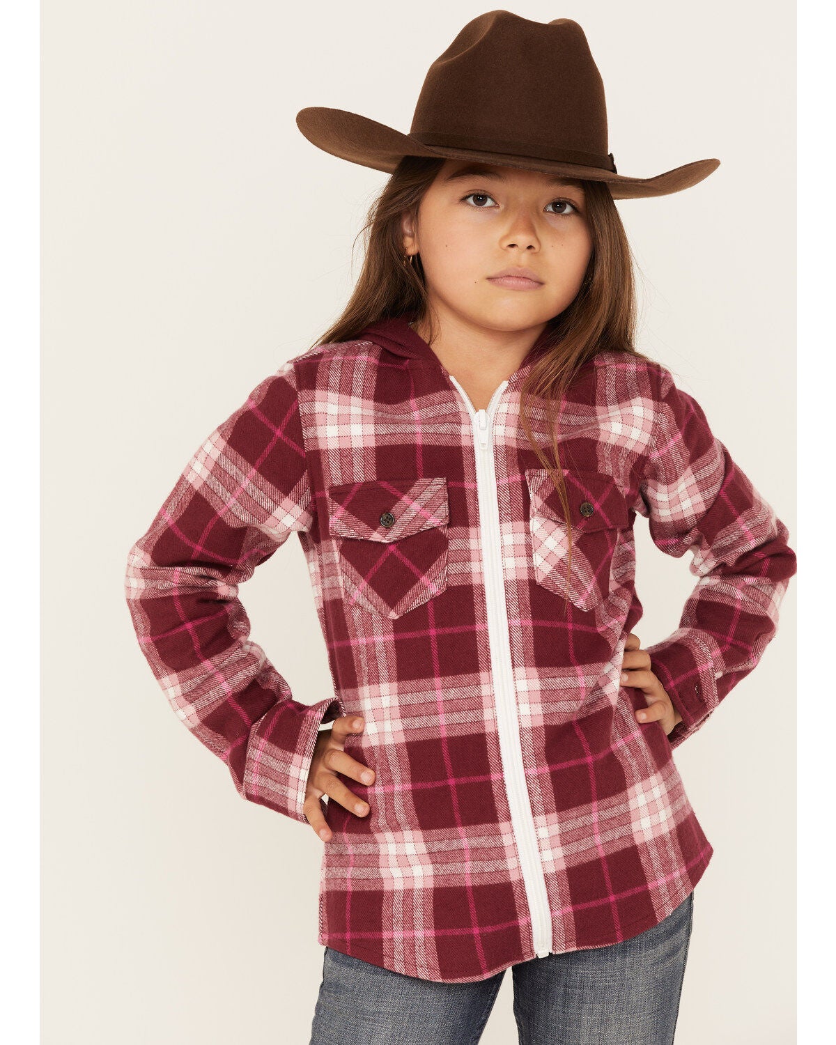 Shyanne Girls' Port Plaid Print Long Sleeve Zip Flannel Shacket, Burgundy, hi-res