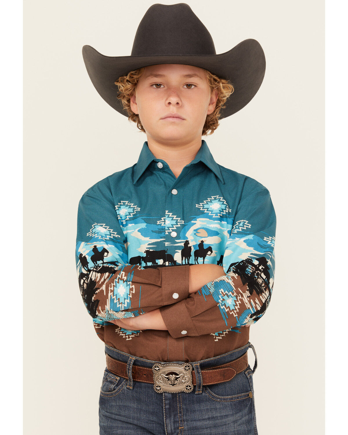 Image #1 - Panhandle Boys' Cowboy Border Print Long Sleeve Snap Western Shirt, Teal, hi-res