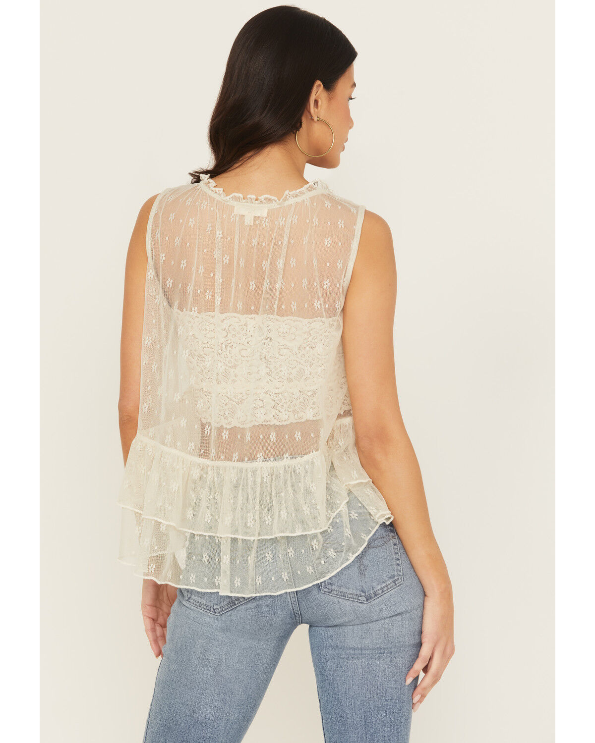 Product Name:  Originality Women's Lace Tie-Front Sleeveless Ruffle Top