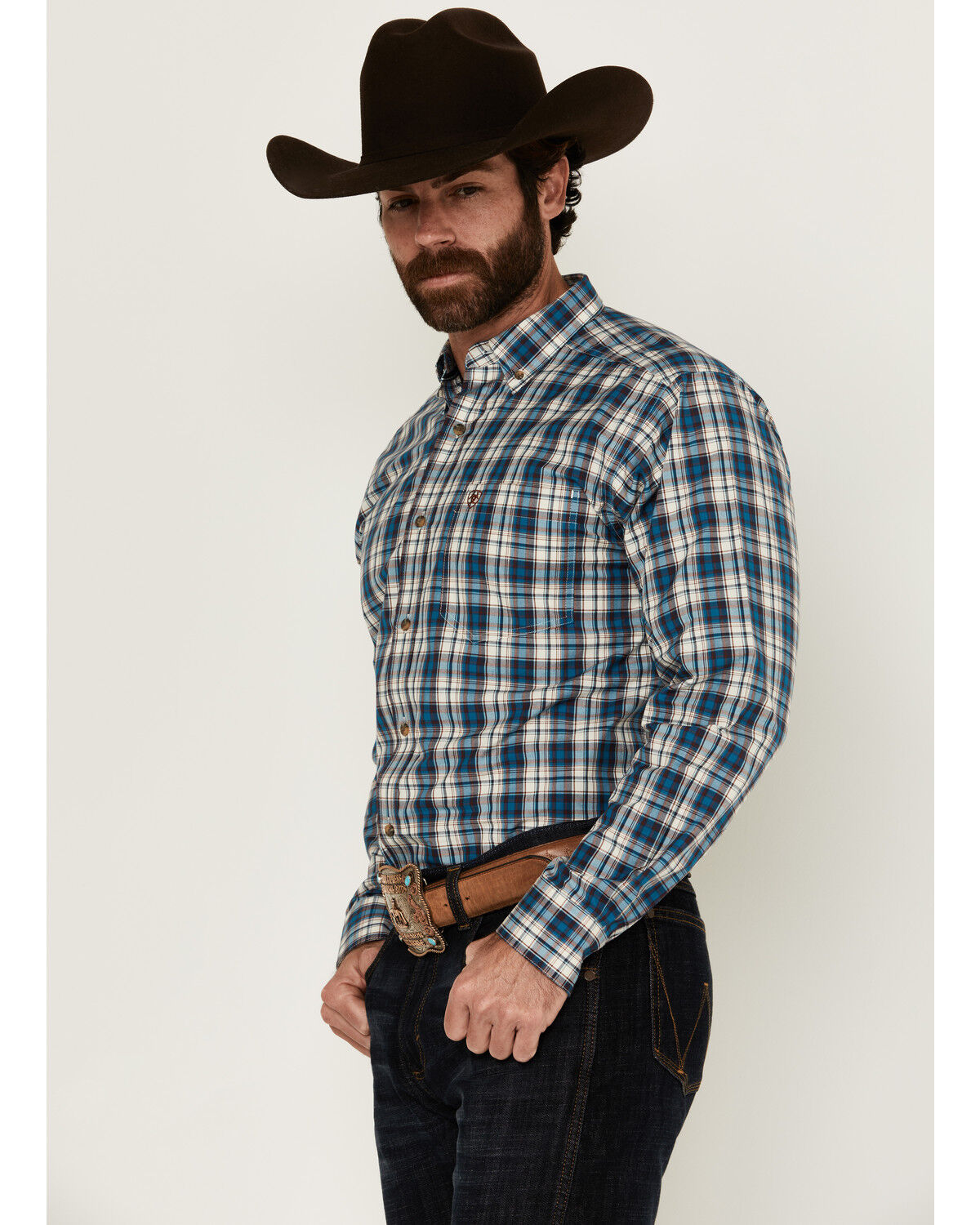 Image #2 - Ariat Men's Parrin Plaid Print Long Sleeve Button-Down Western Shirt, Teal, hi-res