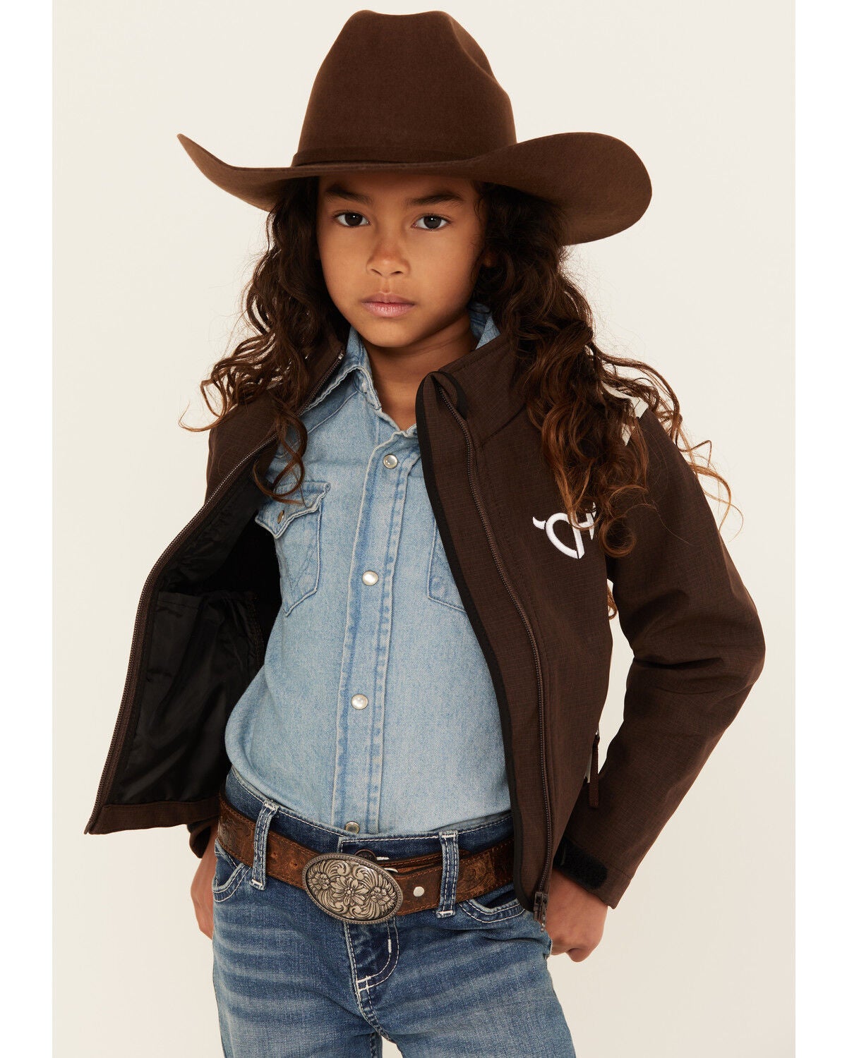 Cowgirl Hardware Girls Cow Print Softshell Jacket, Chocolate, hi-res